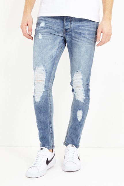 MENS BLEACHED DENIM RIPPED SKINNY JEANS