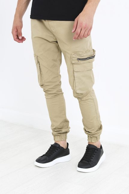 MENS STONE ZIP POCKET DETAIL SLIM FIT CUFFED CARGO PANTS
