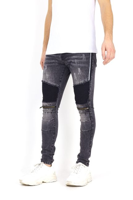 Mens Washed Denim Panel Detail Biker Jeans - Sattari Garments