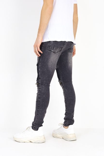 Mens Washed Denim Panel Detail Biker Jeans - Sattari Garments