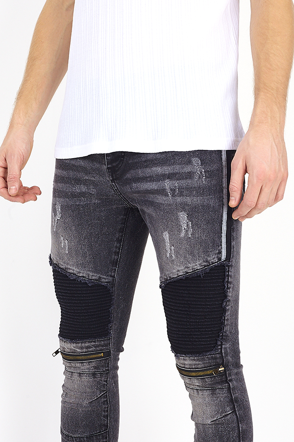 Mens Washed Denim Panel Detail Biker Jeans - Sattari Garments Mens Washed Denim Panel Detail Biker Jeans - Sattari Garments